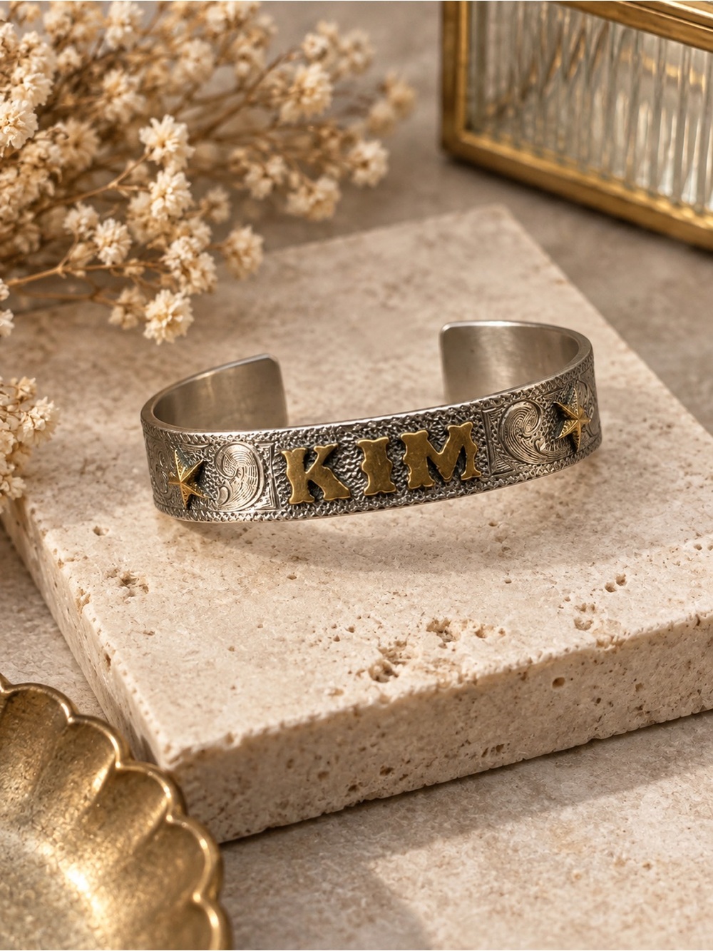 Western custom name Kim cutoff silver and gold tone bangle